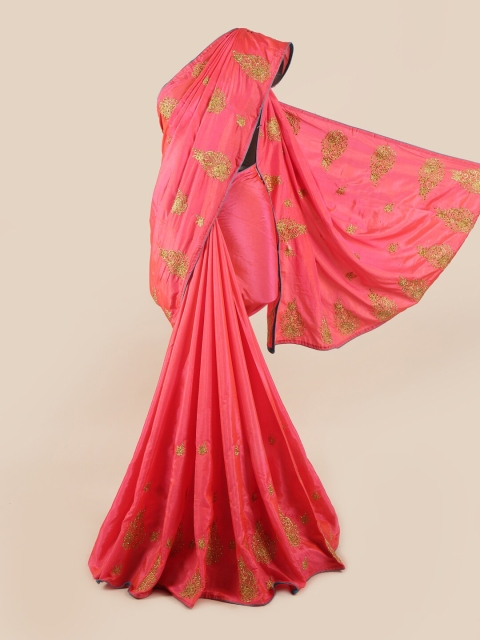 

Pothys Pink & Gold-Toned Ethnic Motifs Sequinned Art Silk Saree