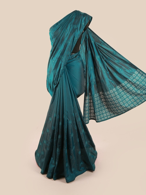

Pothys Teal Green Floral Beads and Stones Art Silk Saree