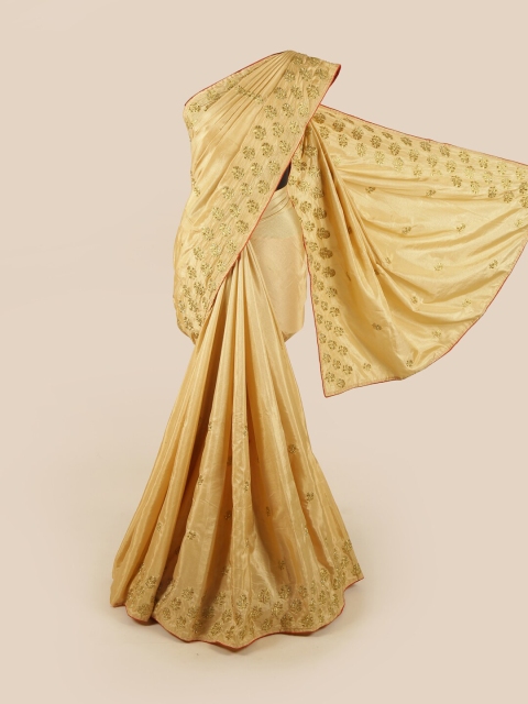 

Pothys Cream-Coloured & Gold-Toned Ethnic Motifs Embroidered Art Silk Saree