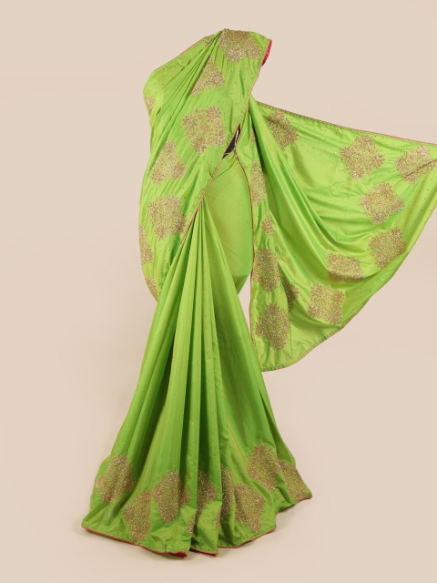 

Pothys Green & Gold-Toned Floral Sequinned Art Silk Saree