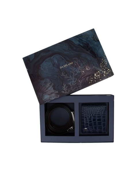 

Da Milano Men Navy Blue & Brown Textured Leather Accessory Gift Set