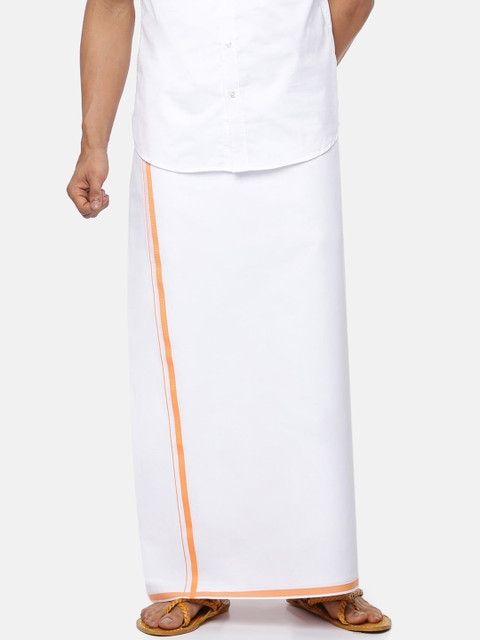 

RAMRAJ COTTON Men White Pure Cotton Dhoti with Orange Border