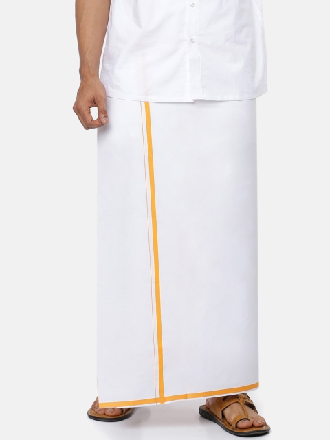 

RAMRAJ COTTON Men White Solid & Yellow Border Pure Cotton Dhoti