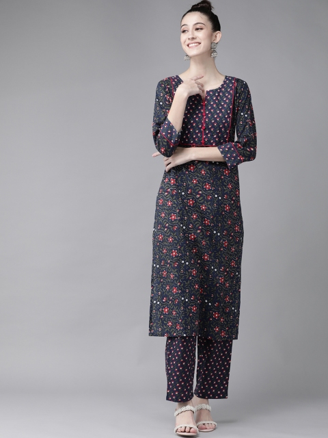 

Yufta Women Navy Blue & Pink Ethnic Motifs Printed Pure Cotton Kurta with Trousers