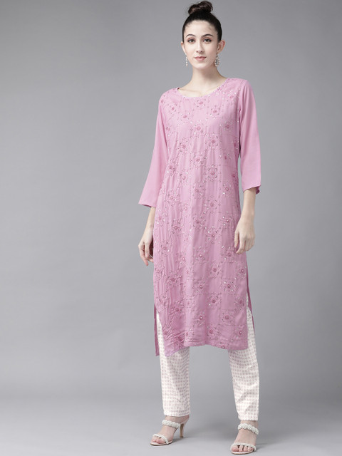 

Yufta Women Lavender & Off-White Mirror Work Sequinned Kurta with Trousers