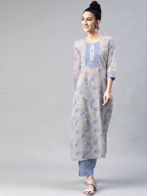 

mokshi Women Off White & Blue Ethnic Motifs Print Cotton Straight Kurta with Trousers