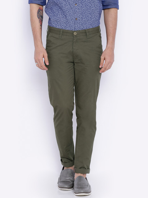 

John Players Men Olive Green Solid Slim Fit Chinos