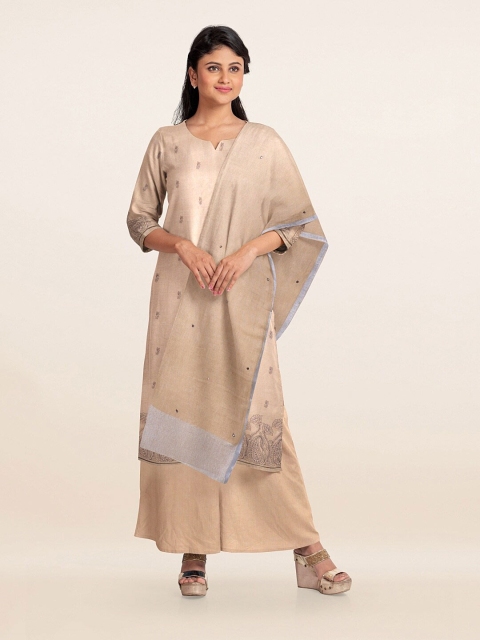 

Pothys Cream-Coloured & Grey Printed Linen Unstitched Dress Material