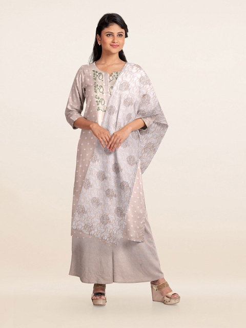 

Pothys Cream-Coloured & Green Embroidered Organza Unstitched Dress Material