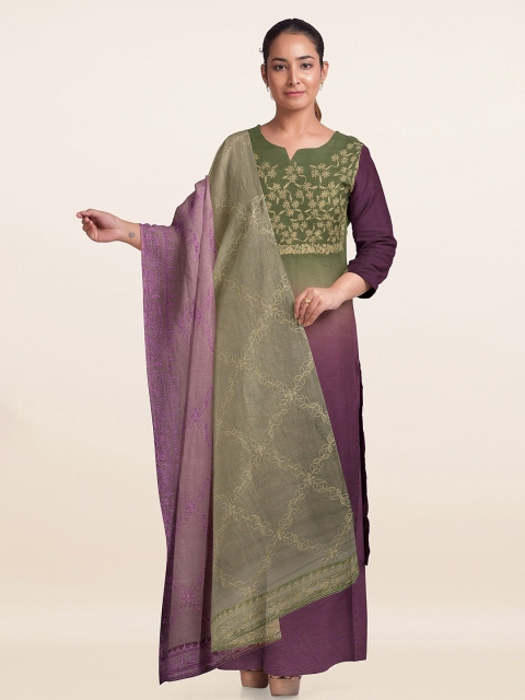 

Pothys Purple & Olive Green Embroidered Organza Unstitched Dress Material