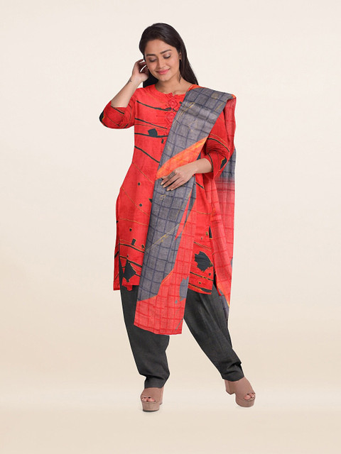 

Pothys Red & Grey Printed Viscose Rayon Unstitched Dress Material