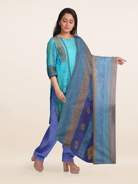 

Pothys Blue & Brown Printed Unstitched Dress Material