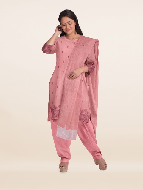 

Pothys Pink & Grey Printed Linen Unstitched Dress Material