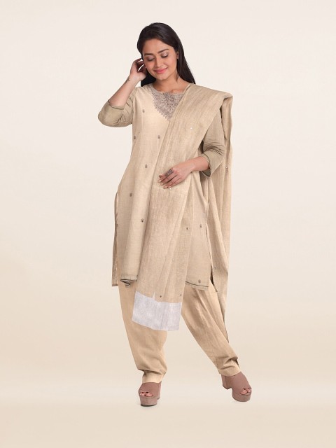 

Pothys Cream-Coloured & Grey Embroidered Linen Unstitched Dress Material