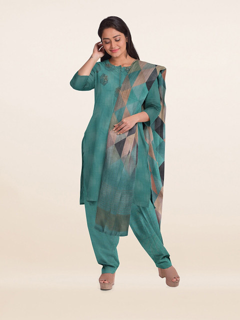 

Pothys Teal Printed Unstitched Dress Material