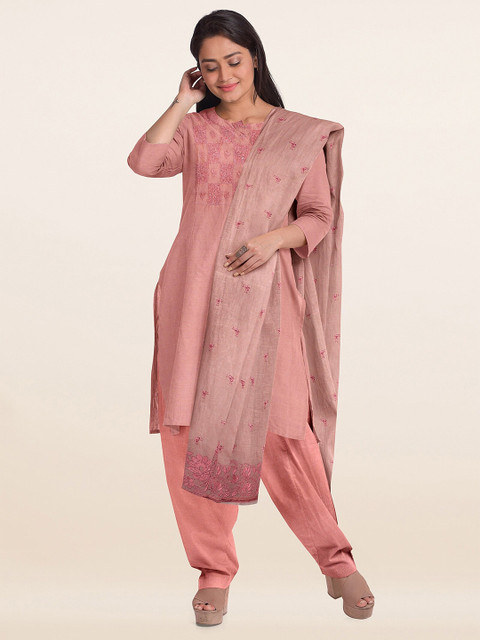 

Pothys Peach-Coloured & Pink Embroidered Organza Unstitched Dress Material