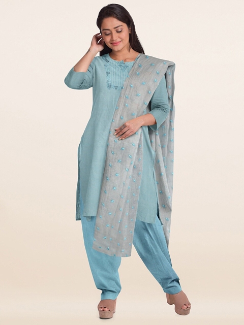 

Pothys Blue Embroidered Organza Unstitched Dress Material