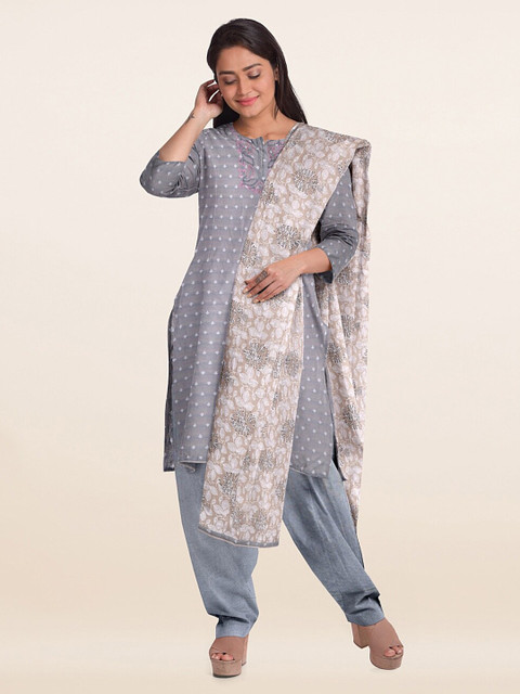 

Pothys Grey & Off White Printed Organza Unstitched Dress Material