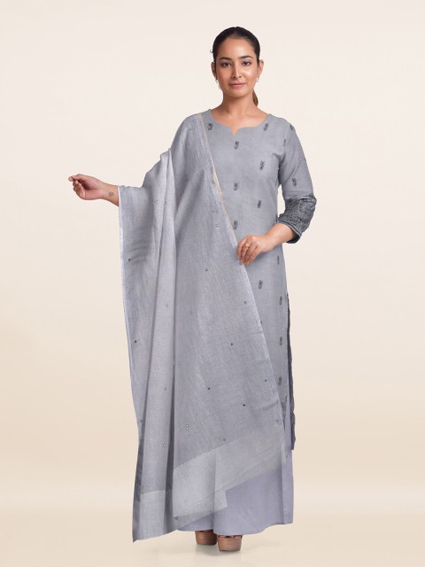

Pothys Grey Embroidered Linen Unstitched Dress Material