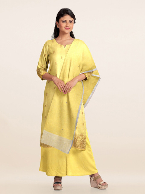 

Pothys Yellow & Grey Printed Linen Unstitched Dress Material