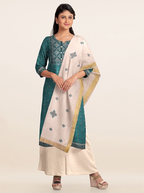 

Pothys Green & Off White Printed Unstitched Dress Material