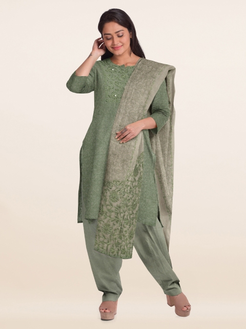 

Pothys Green & Cream-Coloured Embroidered Organza Unstitched Dress Material