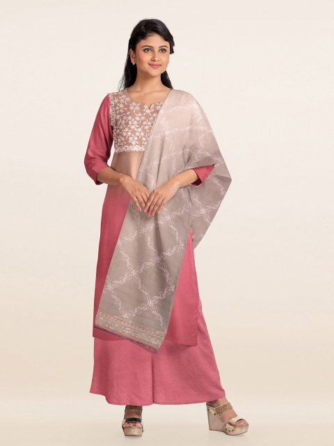 

Pothys Peach-Coloured & Grey Printed Organza Unstitched Dress Material