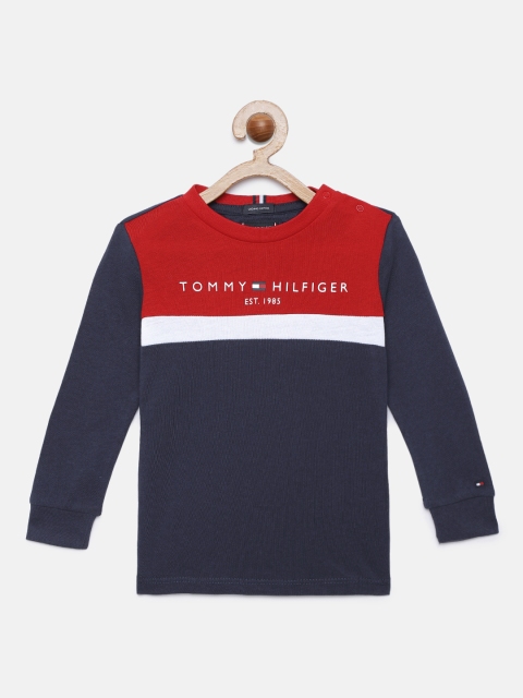 

Tommy Hilfiger Boys Navy Blue & Red Brand Logo Organic Cotton Colourblocked T-shirt