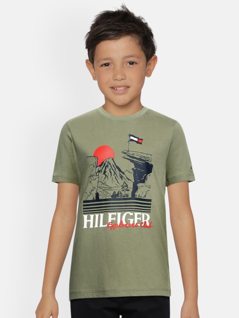 

Tommy Hilfiger Boys Olive Green Graphic Printed Organic Cotton T-shirt