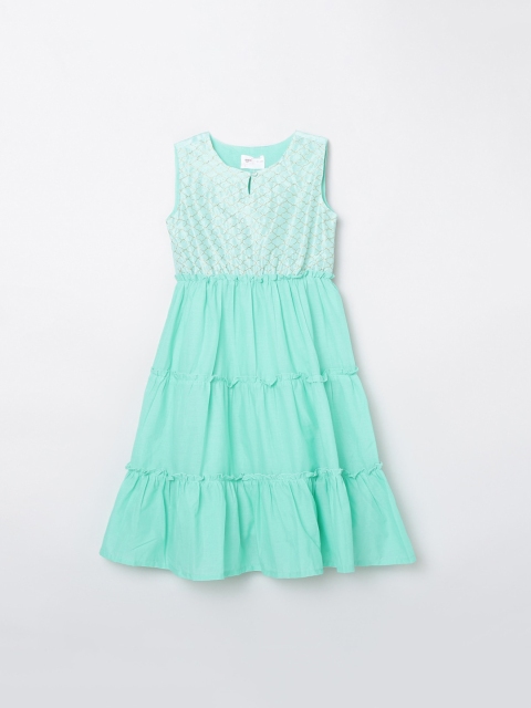 

max Girls Aqua Blue & Gold-Toned Printed Tiered Cotton Maxi Dress