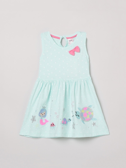 

max Girls Light Blue Pure Cotton Printed & Embellished Fit & Flare Dress With Bow