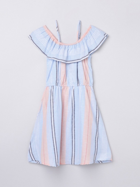 

max Blue & Peach-Coloured Striped Printed Pure Cotton Fit & Flare Dress