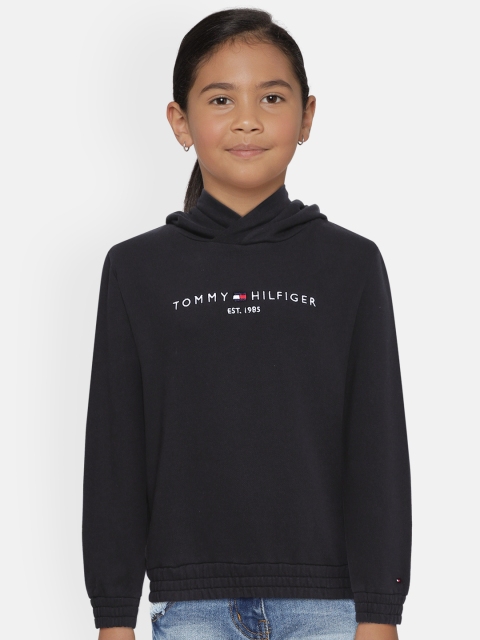Tommy Hilfiger Girls Black Brand Logo Printed Hooded Cotton Sweatshirt