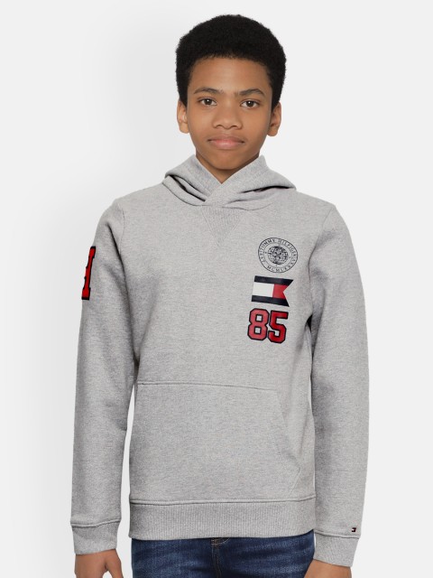 

Tommy Hilfiger Boys Grey Melange Hooded Typography Printed Organic Cotton Sweatshirt
