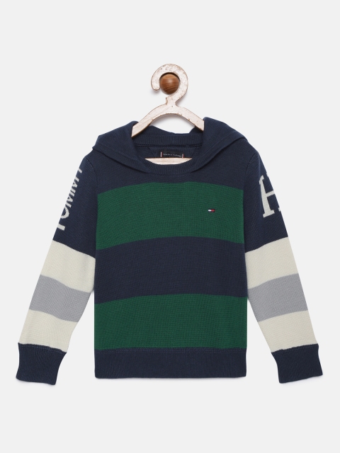 

Tommy Hilfiger Boys Navy Blue & Green Pure Cotton Colourblocked Pullover