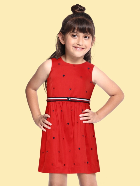 

Tommy Hilfiger Girls Red Conversational Embroidered Pleated Organic Cotton Satin Dress