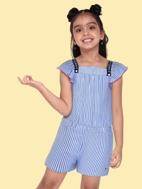 

Tommy Hilfiger Girls White & Blue Square Neck Striped Knitted Playsuit with Gathers
