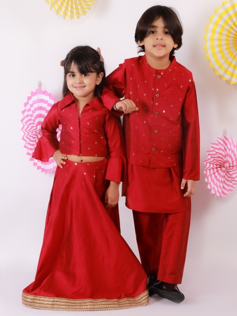 

Lil Peacock Boys Magenta Embroidered Kurta With Pyjamas Jacket