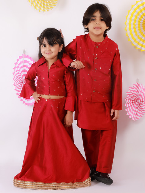 

Lil Peacock Boys Red Sequinned Kurta Set With Jacket