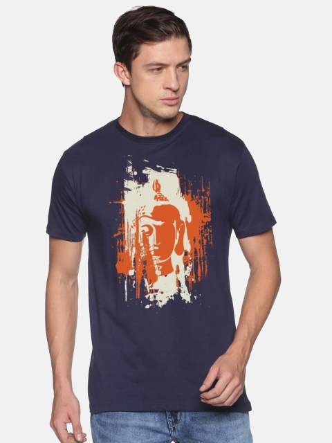 

MASH UNLIMITED Men Navy Blue & Orange Graphic Printed Slim Fit T-shirt