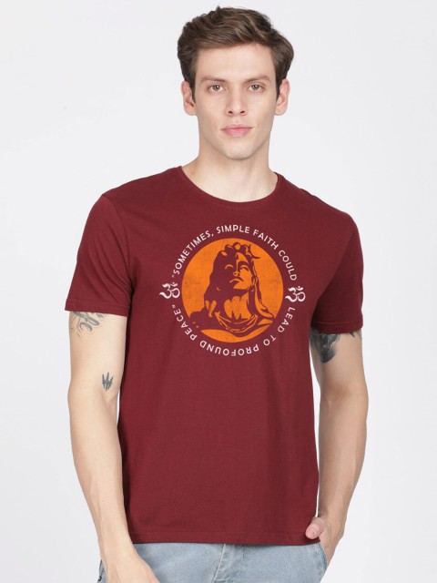 

MASH UNLIMITED Men Maroon & Orange Typography Printed Slim Fit T-shirt