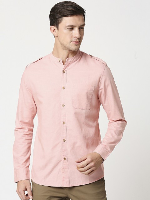 

Bewakoof Men Pink Mandarin Collar Full Sleeves Casual Shirt