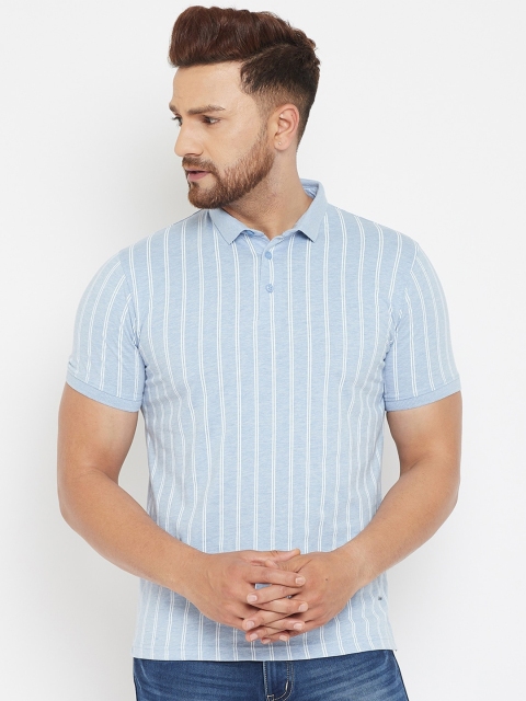 

Crimsoune Club Men Blue & White Striped Polo Collar Slim Fit T-shirt