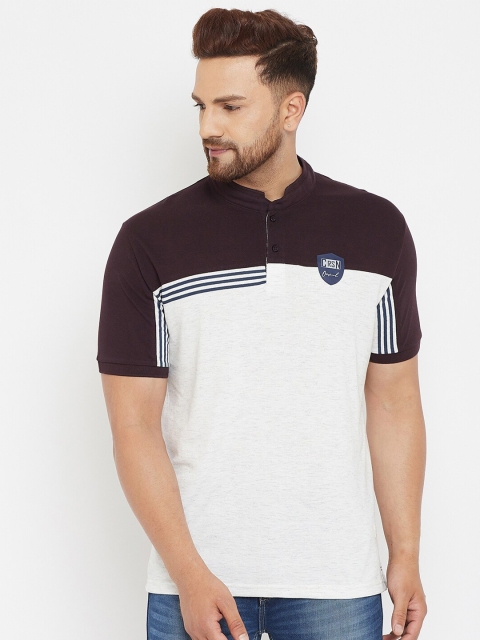 

Crimsoune Club Men White Colourblocked Mandarin Collar Slim Fit T-shirt
