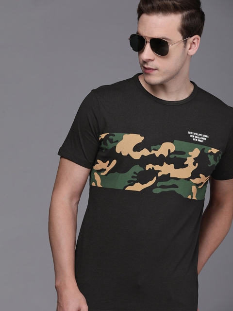 

Louis Philippe Jeans Men Black & Olive Green Camouflage Print Cotton T-shirt