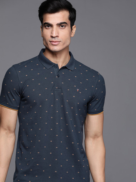 

Louis Philippe Sport Men Navy Blue & Brown Geometric Print Polo Collar T-shirt