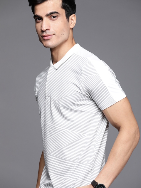

Louis Philippe Sport Men White & Grey Striped Polo Collar T-shirt