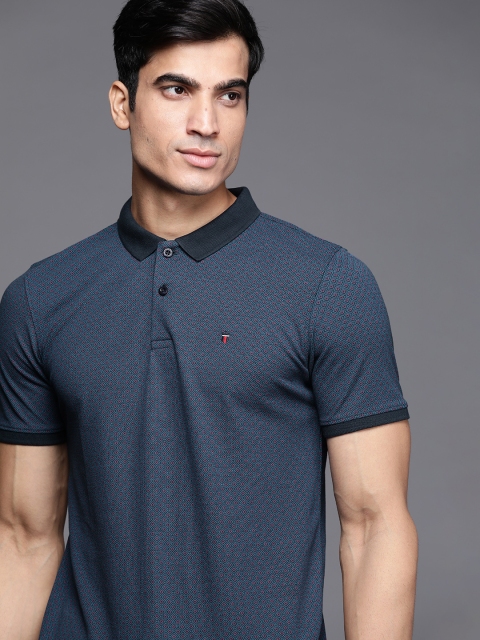 

Louis Philippe Sport Men Navy Blue & Pink Geometric Print Polo Collar T-shirt