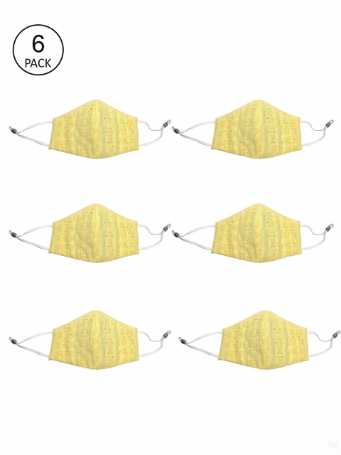 

Bellofox Unisex Pack Of 6 Yellow Embroidered 3-Ply Pure Cotton Cloth Masks