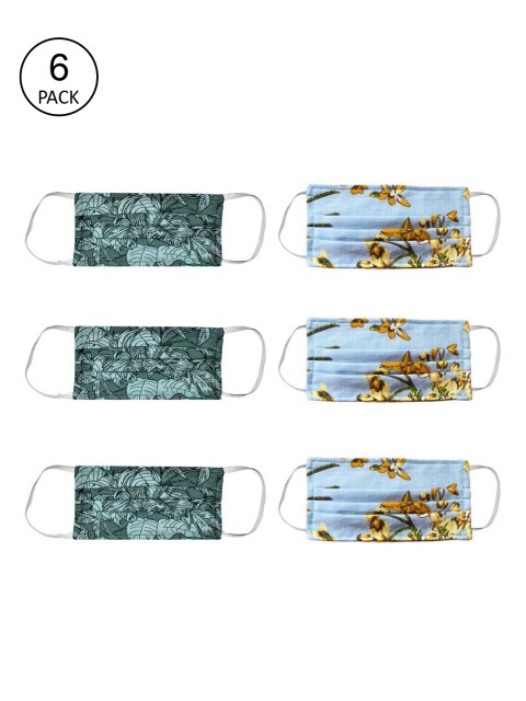 

Bellofox Unisex Pack Of 6 Printed 3-Ply Pure Cotton Reusable Protective Outdoor Masks, Blue